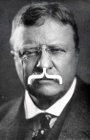 Teddy Roosevelt has a curly brace for a mustache. Picture of Teddy Roosevelt with a curly brace for a mustache.